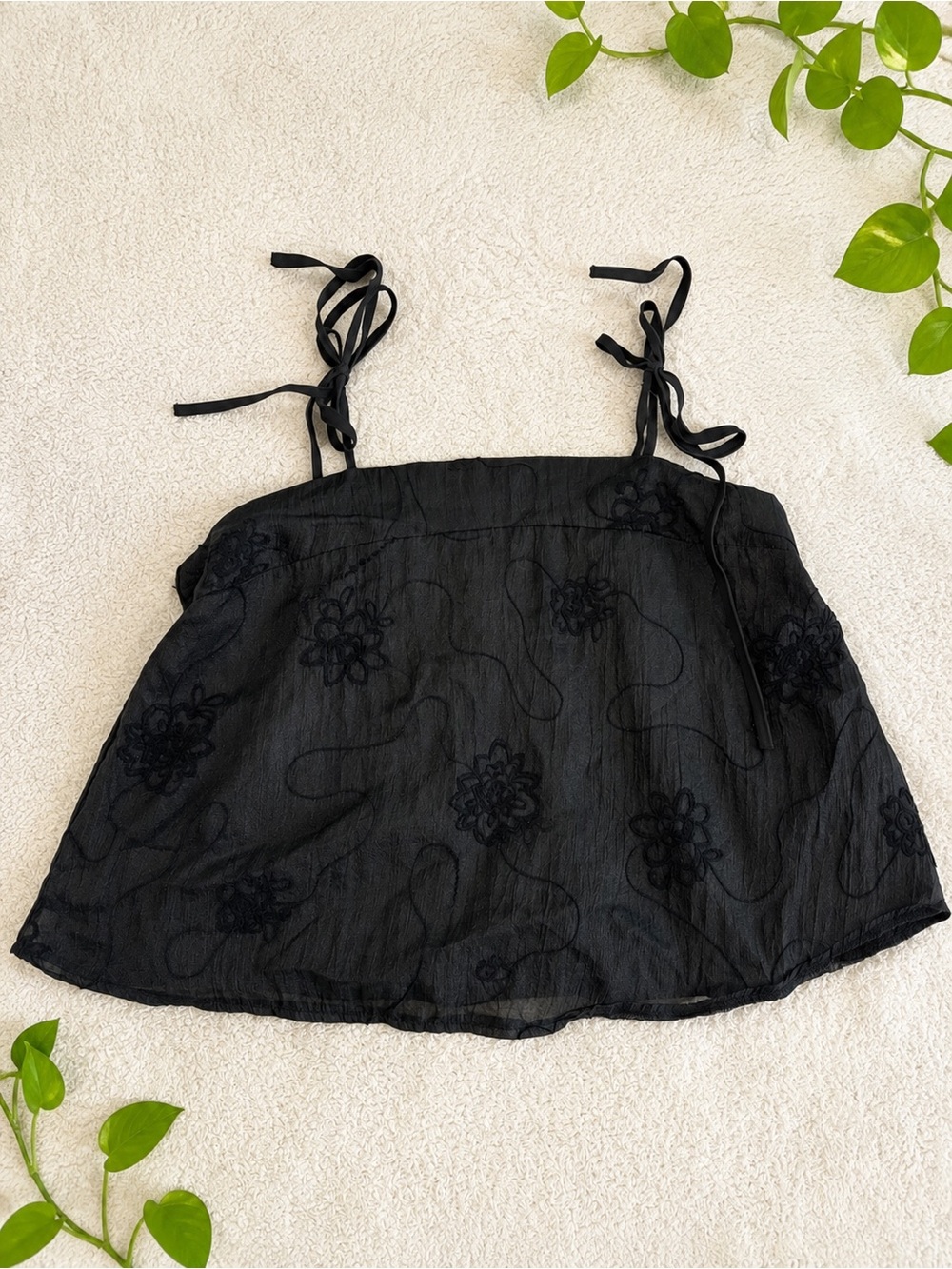 Black Sheer Embroidered Tie-Strap Cami Top | Y2K Fairy Grunge